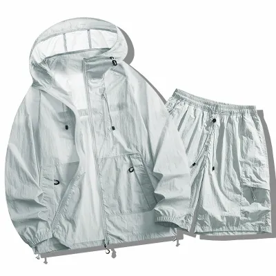 Fashion Casual Summer Solid Color Outdoor Sports Mountaineering UPF 50+ Sun Protection Coat Shorts Two-Piece Set