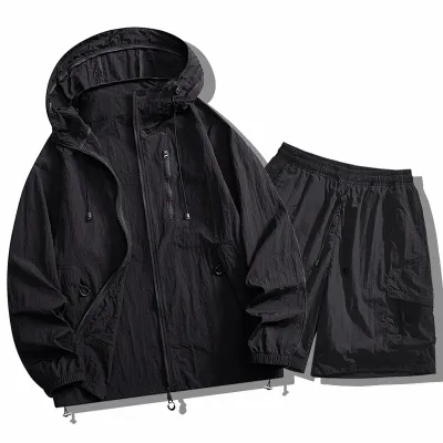 Fashion Casual Summer Solid Color Outdoor Sports Mountaineering UPF 50+ Sun Protection Coat Shorts Two-Piece Set