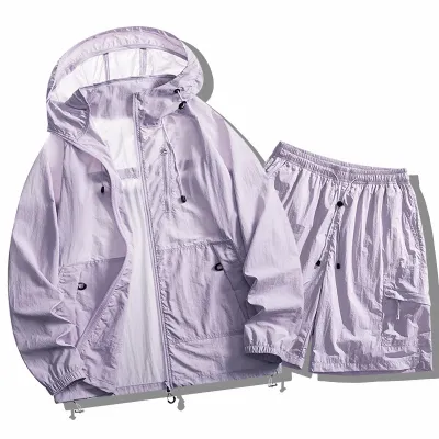 Fashion Casual Summer Solid Color Outdoor Sports Mountaineering UPF 50+ Sun Protection Coat Shorts Two-Piece Set