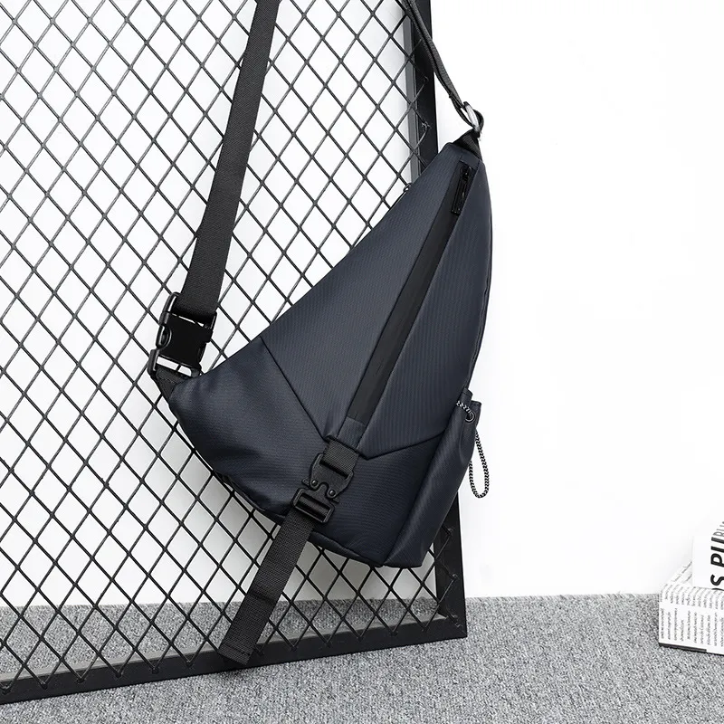 Men Fashion Casual Triangle Motorcycle Crossbody Bag Solid Color Leather Film 10 Inches