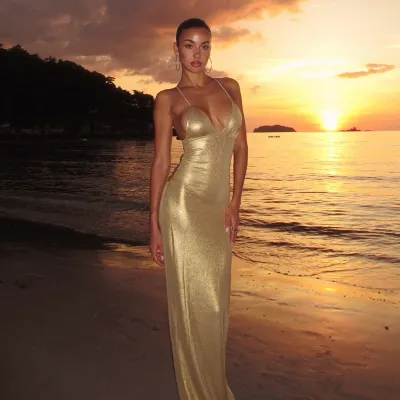 Women Fashion Sexy Summer Solid Color Ice Silk Spaghetti Strap Backless Slim-Fit Dress