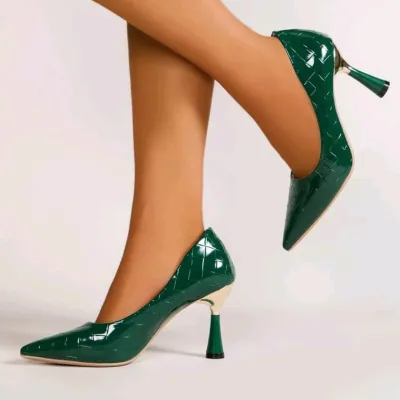 Women Fashion Sexy Solid Color Plaid Pointed-Toe Ultra-High Heels PU Pump Shoes