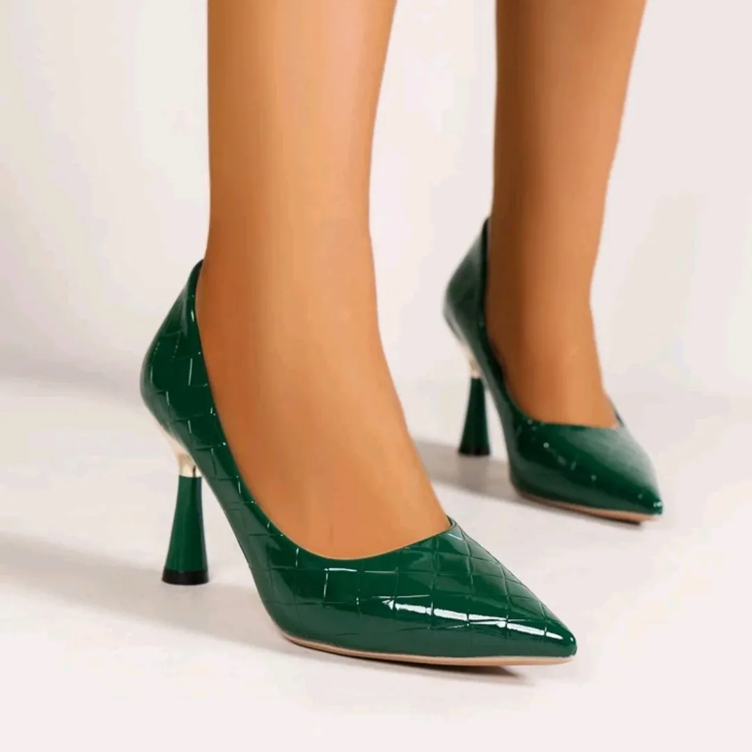 Women Fashion Sexy Solid Color Plaid Pointed-Toe Ultra-High Heels PU Pump Shoes