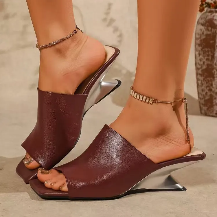 Women Fashion Chunky Heel Square Toe Slippers PU High Heels Casual Solid Color