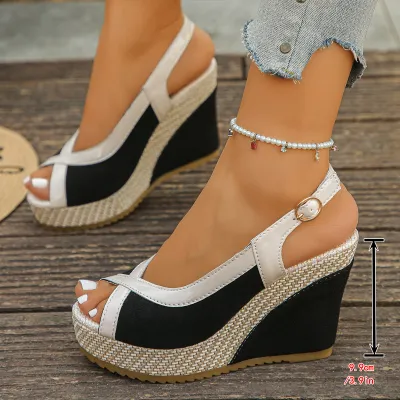 Women's Fashion Casual Roman Color Block Peep-Toe Straw Wedge Sandals