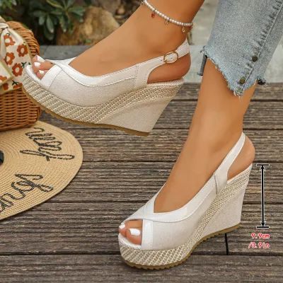 Women's Fashion Casual Roman Color Block Peep-Toe Straw Wedge Sandals