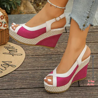 Women's Fashion Casual Roman Color Block Peep-Toe Straw Wedge Sandals