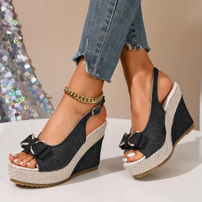 Women's Fashion Color Block Bowknot Peep-Toe Straw Wedge Sandals