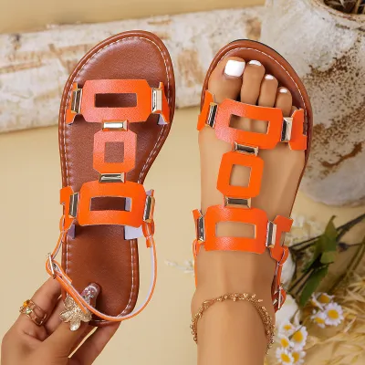 Women's Casual Solid Color Double Buckle Flat Sandals Plus Size