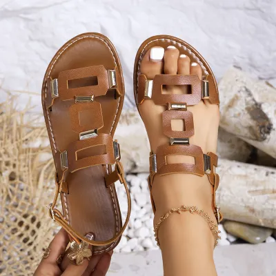 Women's Casual Solid Color Double Buckle Flat Sandals Plus Size