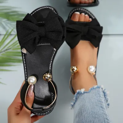 Women Casual Solid Color Bowknot Metal Ring Flat Sandals Plus Size