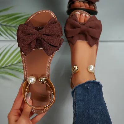 Women Casual Solid Color Bowknot Metal Ring Flat Sandals Plus Size