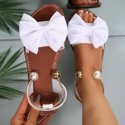 Women Casual Solid Color Bowknot Metal Ring Flat Sandals Plus Size