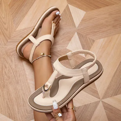 Women Casual Boho Color Block Flat Sandals Plus Size Round Toe