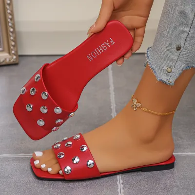 Women Fashion Casual Solid Color Rivet Square-Toe Flat Slippers Plus Size