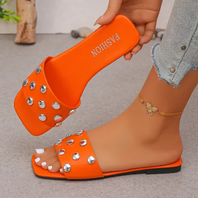 Women Fashion Casual Solid Color Rivet Square-Toe Flat Slippers Plus Size