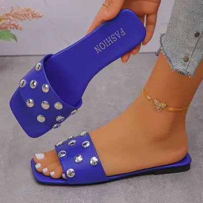 Women Fashion Casual Solid Color Rivet Square-Toe Flat Slippers Plus Size