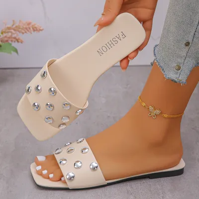 Women Fashion Casual Solid Color Rivet Square-Toe Flat Slippers Plus Size
