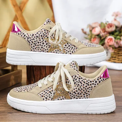Women Fashion Leopard Star Round-Toe Thick Bottom Sneakers