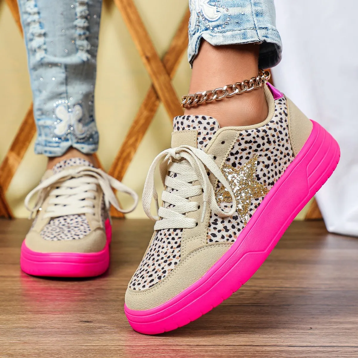 Women Fashion Leopard Star Round-Toe Thick Bottom Sneakers