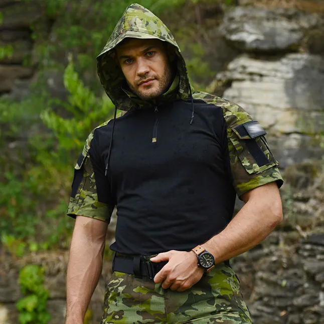 Men Fashion Camouflage Patchwork Short-Sleeve Hoodies