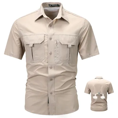 Men Multi-Pocket Cardigan Work Shirt Four-Way Stretch Nylon Short Sleeve Light-Weight Summer Outdoor