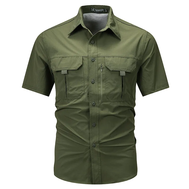 Men Multi-Pocket Cardigan Work Shirt Four-Way Stretch Nylon Short Sleeve Light-Weight Summer Outdoor