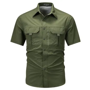 Men Multi-Pocket Cardigan Work Shirt Four-Way Stretch Nylon Short Sleeve Light-Weight Summer Outdoor