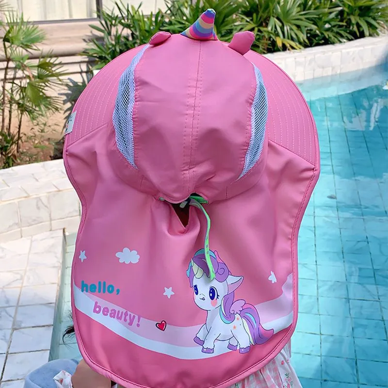 Kids Girls Fashion Cute Cartoon Unicorn Big Brim UPF 50+ Sun Protection Hat