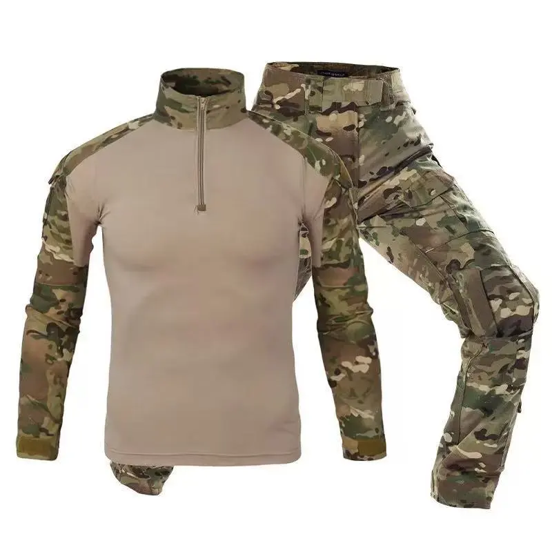 Men Fashion Camouflage High-Neck Long Sleeve Top Multi Pocket Slim Fit Pants Two-Piece Set