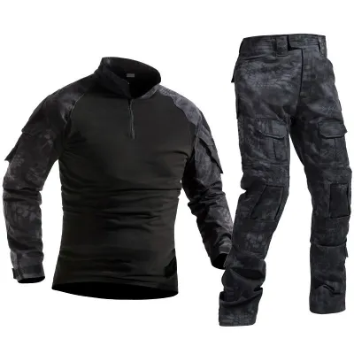 Men Fashion Camouflage High-Neck Long Sleeve Top Multi Pocket Slim Fit Pants Two-Piece Set