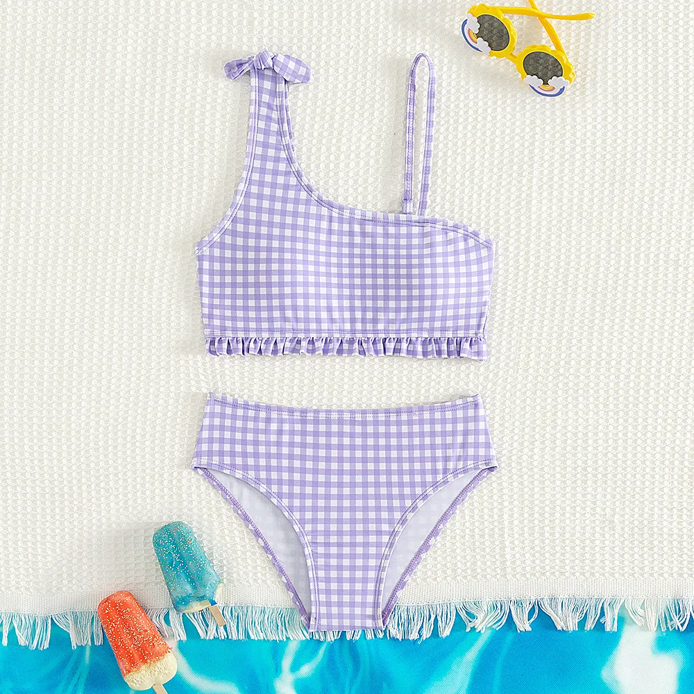 Kids Girls Fashion Plaid Printed Bikini Swimwear 85% Polyester