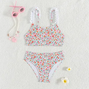 Kids Girls Fashion Flower Printed Bikini Swimsuit
