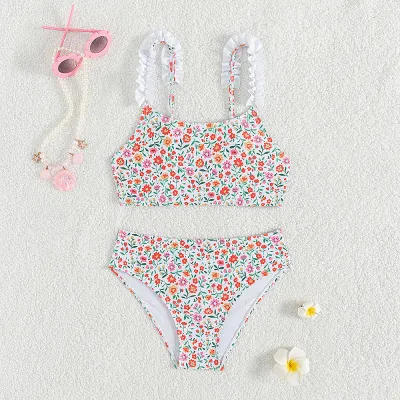 Kids Girls Fashion Flower Printed Bikini Swimsuit