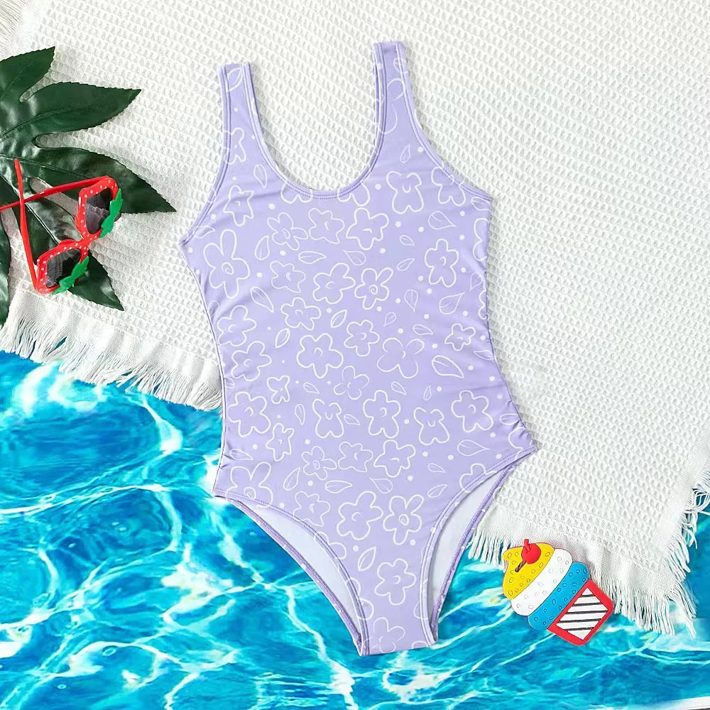 Kids Girls Fashion Flower Printed One-Piece Polyester Swimwear