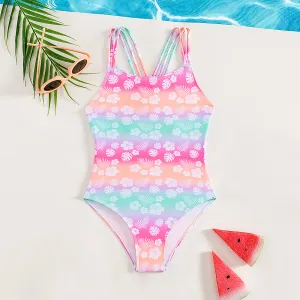 Kids Girls Fashion Flower Printed One-Piece Polyester Swimwear