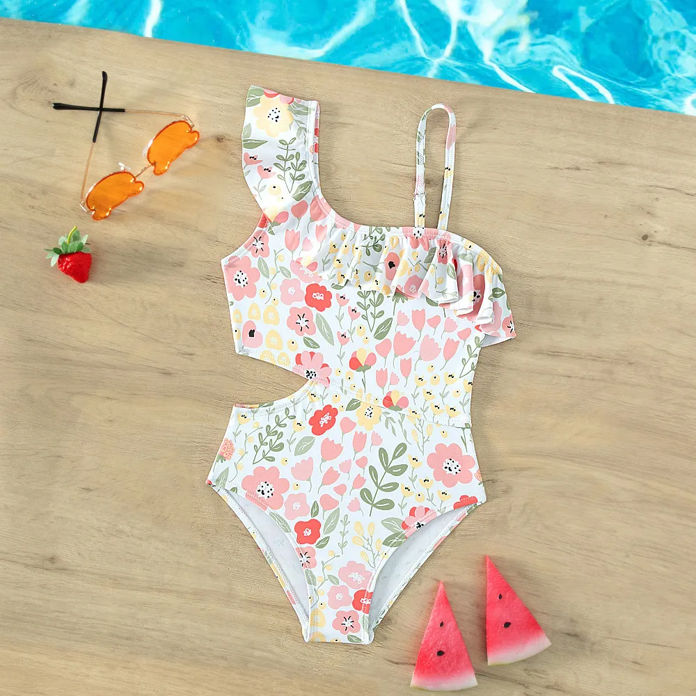 Kids Girls Fashion Flower Printed Slant Shoulder One-Piece Girls Swimwear