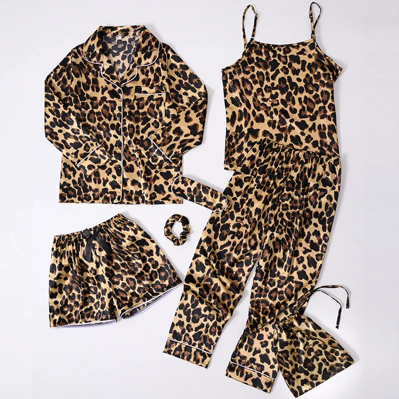 Kids Girls Fashion Casual Leopard Printed Silk Pajamas Seven-Piece Set