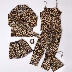 Kids Girls Fashion Casual Leopard Printed Silk Pajamas Seven-Piece Set