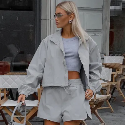 Women Fashion Casual Solid Color Lapel Long Sleeve Jacket Loose Shorts Two-Piece Set
