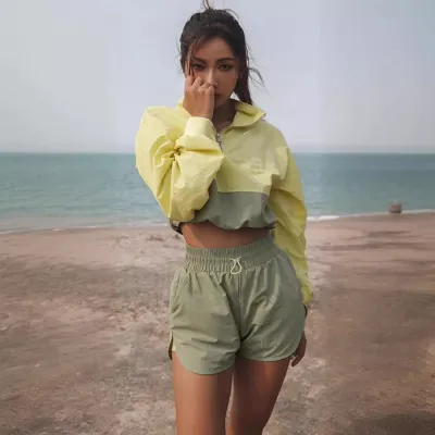 Women Fashion Casual Summer Color Block High Neck Long-Sleeve Top Slim Fit Shorts Two-Piece Set