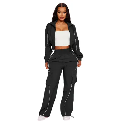 Women Fashion Casual Line Zipper Long-Sleeve Jacket Pocket Straight Pants Two-Piece Set
