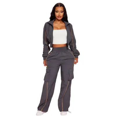 Women Fashion Casual Line Zipper Long-Sleeve Jacket Pocket Straight Pants Two-Piece Set
