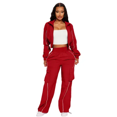 Women Fashion Casual Line Zipper Long-Sleeve Jacket Pocket Straight Pants Two-Piece Set