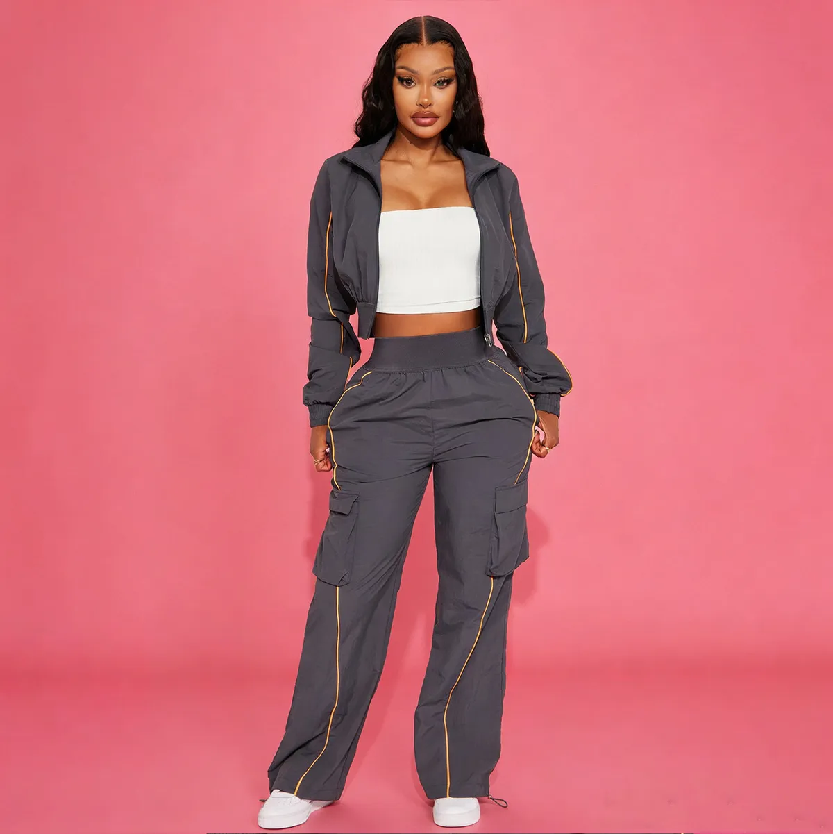 Women Fashion Casual Line Zipper Long-Sleeve Jacket Pocket Straight Pants Two-Piece Set