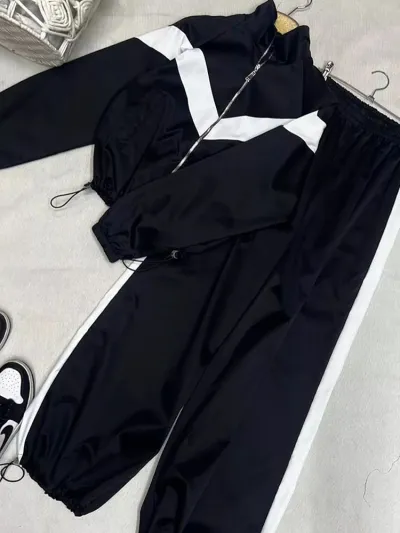 Women Fashion Casual Contrast Color Long Sleeve Cardigan Loose Pants Two-Piece Set
