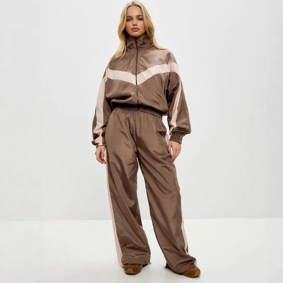 Women Fashion Casual Contrast Color Long Sleeve Cardigan Loose Pants Two-Piece Set