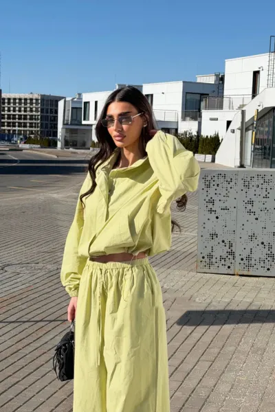 Women Fashion Casual Solid Color Vertical Collar Long-Sleeve Zipper Cardigan Wide Leg Pants Two-Piece Set