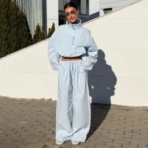 Women Fashion Casual Solid Color Vertical Collar Long-Sleeve Zipper Cardigan Wide Leg Pants Two-Piece Set