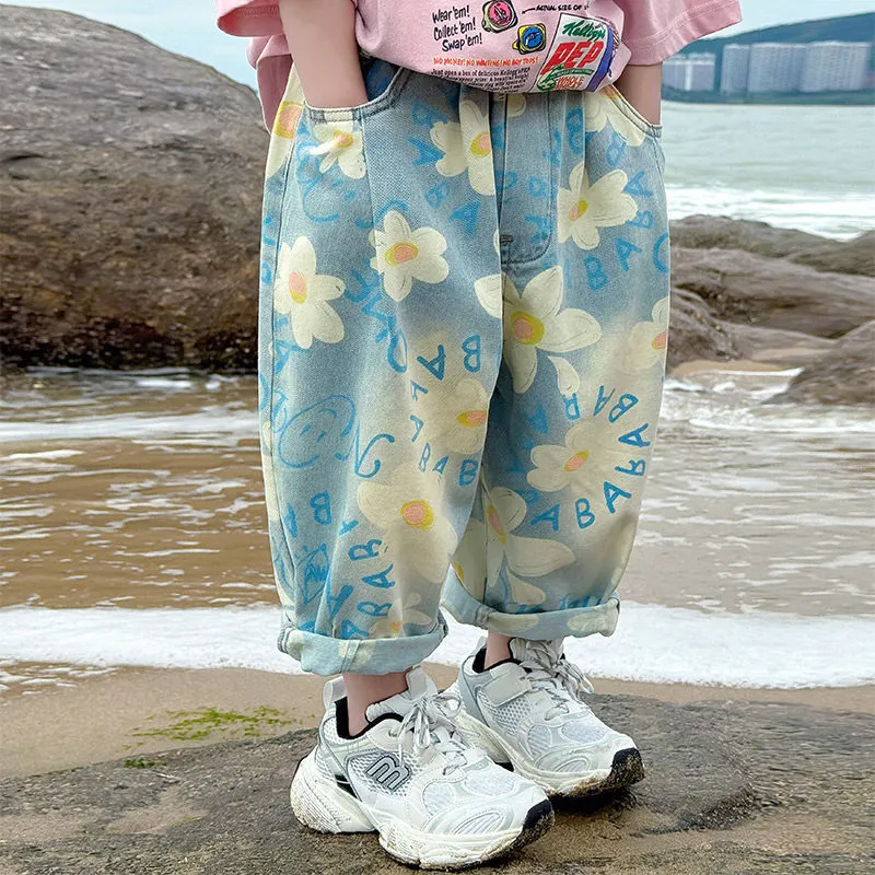 Kids Boys Fashion Casual Summer Flower Printed Cotton Denim Jeans